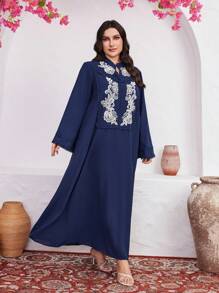 Al Najma Plus Size Embroidered Flare Sleeve Dress Kaftan Jalabiya Dress - Blue - View 6