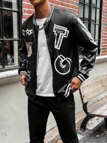 Nam Slogan & con hổ In Áo khoác bóng chày - màu đen - Xem 4