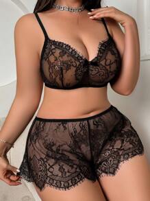 Lace Wireless Plus Size Women's Lingerie Set - Black - View 3