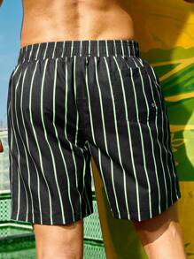 Manfinity Pantalones Cortos De Playa Para Hombre Con Cintura Elástica Y Cordón Con Patrón De Árboles De Coco A Rayas