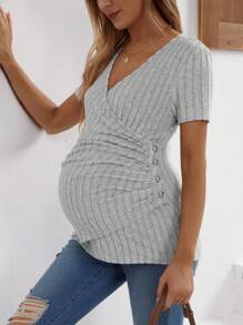 SHEIN Maternity V-Neck Ribbed Pleated Short Sleeve T-Shirt - Grey - View 1