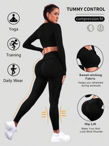 Easithlete 无缝高弹力运动 T 恤和弹力运动 T 恤和紧身裤 健身套装 女士健身套装 女士健身套装 女士紧身裤套装 - 黑色 - 查看 1