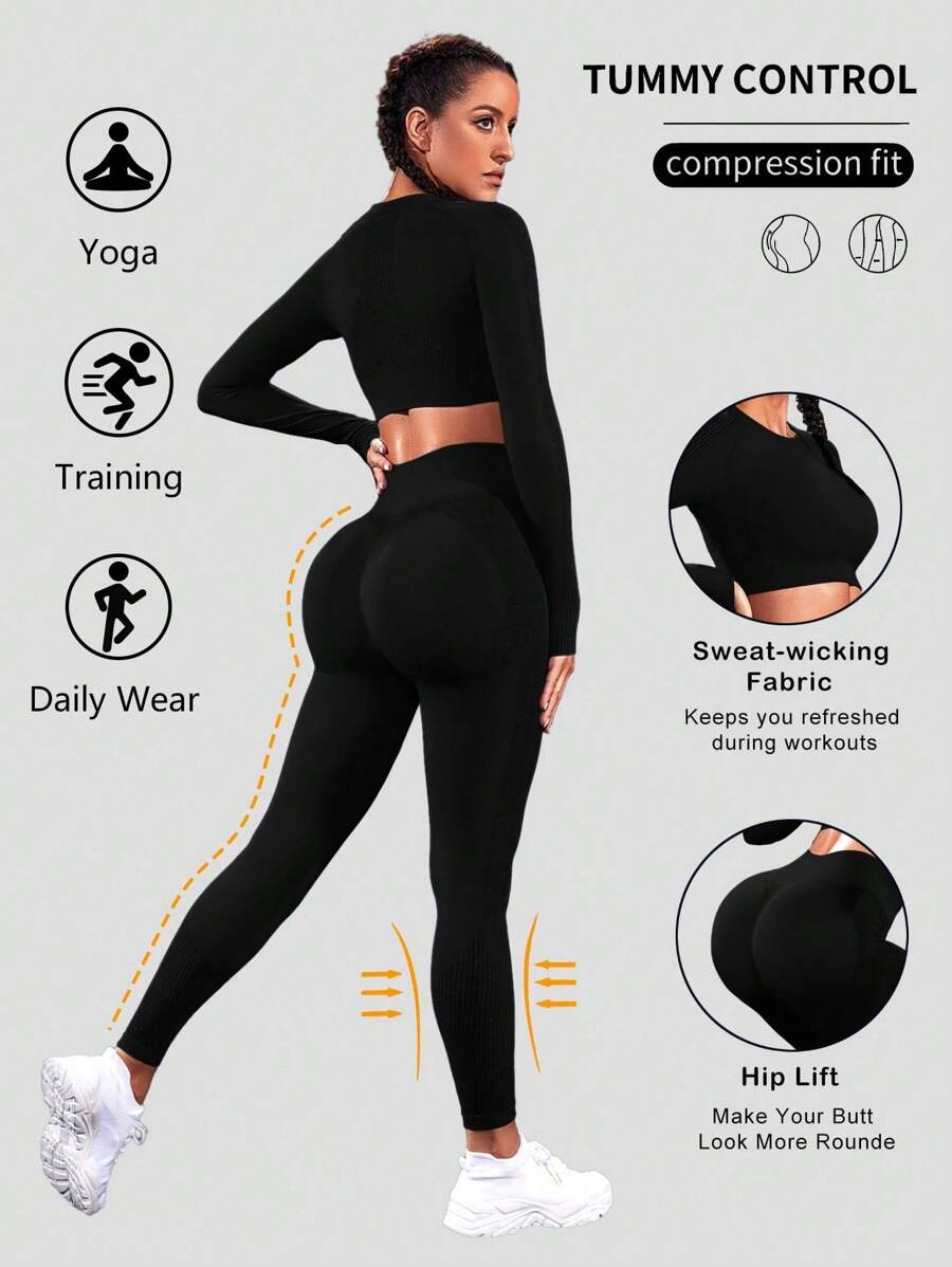 Easithlete 无缝高弹力运动 T 恤和弹力运动 T 恤和紧身裤 健身套装 女士健身套装 女士健身套装 女士紧身裤套装 - 黑色 - 查看 1