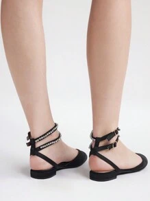 Ladies' Comfortable Pointed Toe Flat Shoes With Rhinestone Strap - Black - View 4