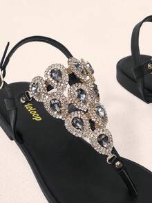 Styleloop 女士時尚舒適平底涼鞋,鑲有閃石細節,韓國女性休閒平底拖鞋,開放式鞋尖設計,適用於夏秋季節,羅馬風格,適合搭配連衣裙,適用於海灘或海邊戶外活動,波西米亞風格細帶平底涼鞋,是假期的完美選擇 - 黑色 - 查看 7