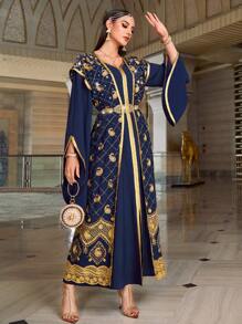 Al Najma Thêu Kết cườm Đầm Và Áo khoác Bộ - Màu xanh hải quân - Xem 3