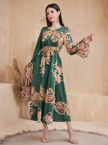 Seusyu Women's Bell Sleeve A-Line Dress With Cashew Flower Print - Multicolor - View 4