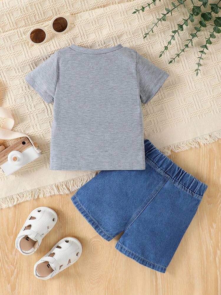Summer New Arrival Baby Boy Simple And Cute Slogan Printed T-Shirt And Ripped Denim Shorts Set
