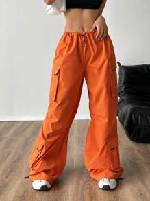 SHEIN EZwear Baggy Parachute-Style Cargo Pants - Orange - View 3