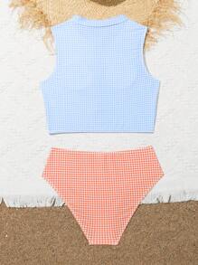 Teen Girls' Color Block Plaid Zipper Front Tankini Swimwear Set - Multicolor - View 2