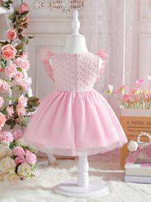 SHEIN Glamorique Kids 嬰兒女孩優雅蝴蝶結裝飾提花拼布蝴蝶鑲嵌網紗荷葉邊洋裝 - 粉色 - 查看 3