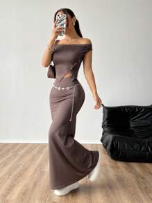 SHEIN EZwear Ensemble De Haut Épaule Nue Uni Pour Femme Et Jupe En Queue De Poisson