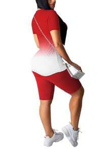 2pcs/Set Ombre Short Sleeve Top And Solid Color Bodycon Shorts Set, Summer - 紅色 - 查看 2