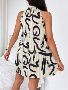 SHEIN Clasi Random Print Pleated Halterneck Dress - Apricot - View 2