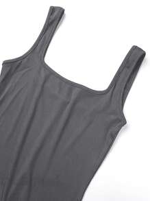 Slim Fit Elastic Ribbed Knit Jumpsuit, Can Be Worn As Layering Or Outerwear, Women's Spring/Summer Activewear Set - Dark Grey - View 3