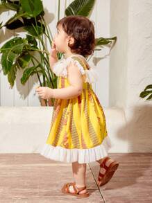 SHEIN Baby Mädchen Schönes Urlaub Paisley Muster Splicing Netz Rüsche Hemd Kleid Mit Crossbody Taschenset - Gelb - Übersicht 3