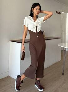 DAZY Contrast Belt Split Hem Ribbed Bodycon Dress Sundress,Casual Women Dresses - Brown - View 2