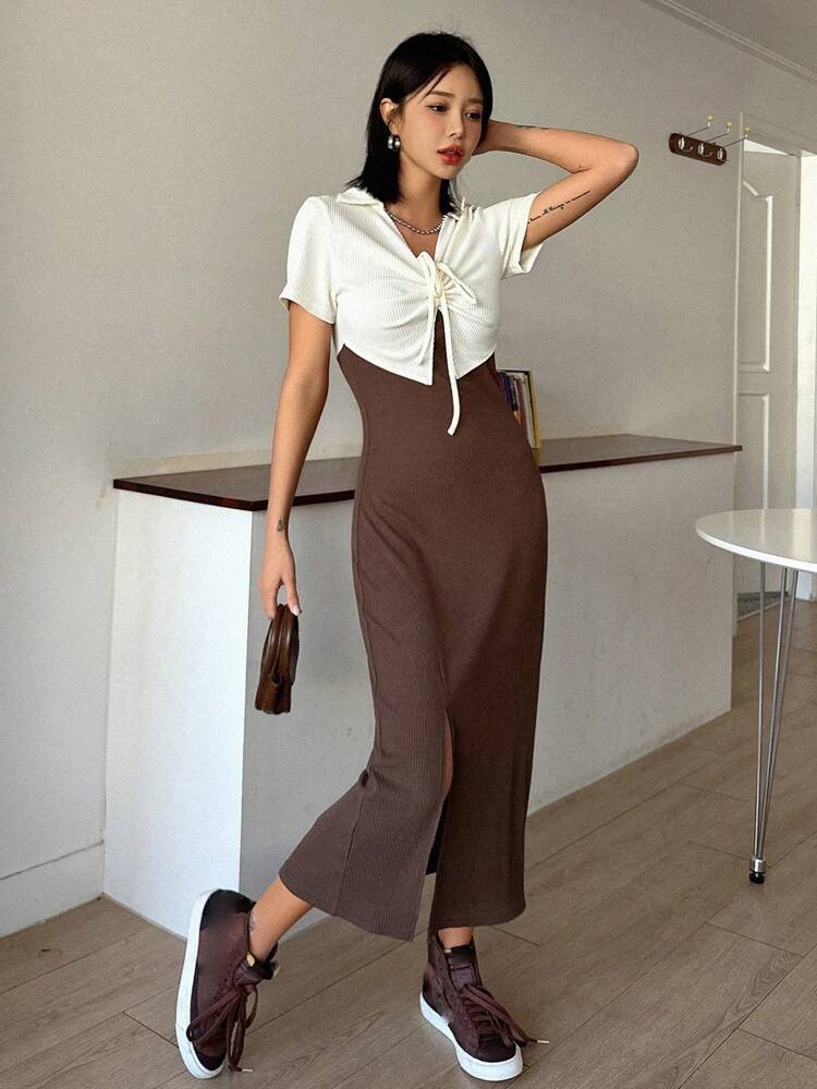Contrast Belt Split Hem Ribbed Bodycon Dress Sundress,Casual Women Dresses