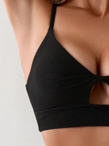 SHEIN Swim 夏季海滩女士纯色镂空泳衣上衣 - 黑色 - 查看 3