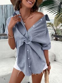 SHEIN VCAY Striped Button Front Tie Hem Short Sleeve Shirt - Navy Blue - View 3