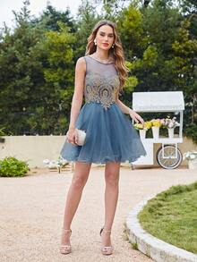 BABYONLINE D.R.E.S.S. 圓領蕾絲拼接露網雞尾酒裙,腰間圍繞粉色絲帶細節 - 霧霾藍 - 查看 6