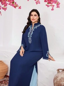 Al Najma Plus Size Women's Arabic Style Clothing With Plant Embroidery Long Sleeves Kaftan Jalabiya Dress - Blue - View 1