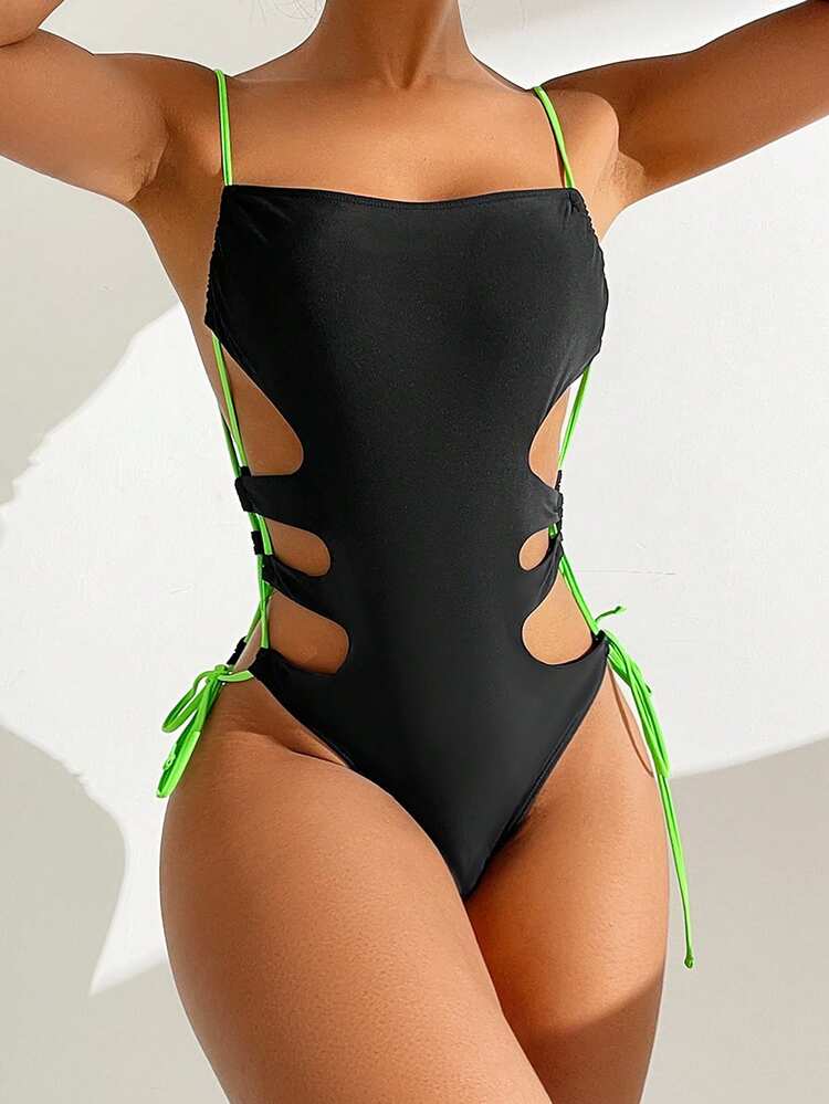 Color Block Cross Tie Cut Out One Piece Swimsuit Summer