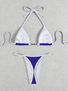 Swim Vcay 夏季海滩女士露背系带两件套比基尼套装，采用裹边设计，三角形上衣 - 藍色 - 查看 4