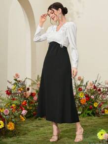 Modelyn Women's Contrast Color Sticker Patchwork Puff Sleeve Dress Long Evening Dresses - Black - View 7