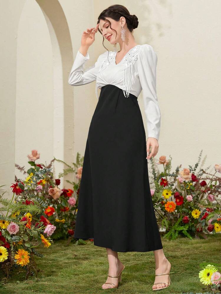 Women's Contrast Color Sticker Patchwork Puff Sleeve Dress Long Evening Dresses