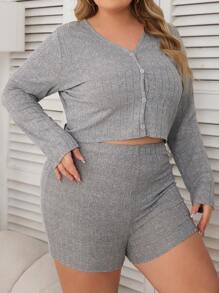 Plus Size Solid Color Ribbed Detail Casual Pajamas Set - Multicolor - View 4