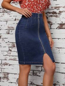 SHEIN LUNE Front Zipper Slim Fit Denim Skirt - Blue - View 3