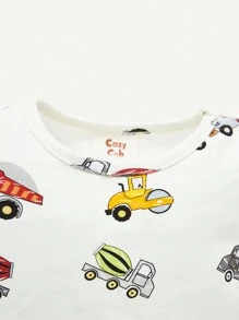 Cozy Pixies Baby Boy Snug Fit Pajamas Set With Cartoon Fun Car Pattern, Round Neck Top And Footed Pants - Apricot - View 7