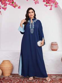 Al Najma Plus Size Women's Arabic Style Clothing With Plant Embroidery Long Sleeves Kaftan Jalabiya Dress - Blue - View 3