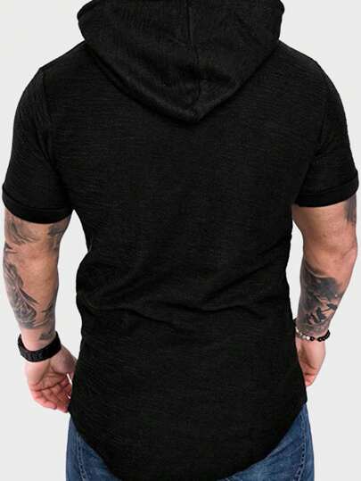 Guys Solid Patched Drawstring Hooded Tee