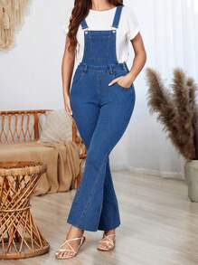 SHEIN LUNE Slim Fit Flared Denim Overalls - Medium Wash - View 1