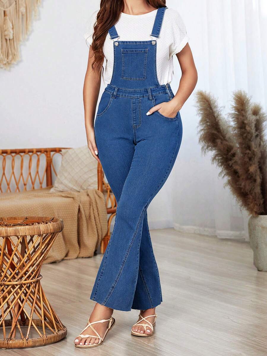 SHEIN LUNE Slim Fit Flared Denim Overalls - Medium Wash - View 1