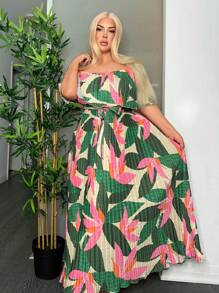 SHEIN SXY Wunderschönes Tropen Geplissertes Maxi-kleid - Verschiedenfarbig - Übersicht 1