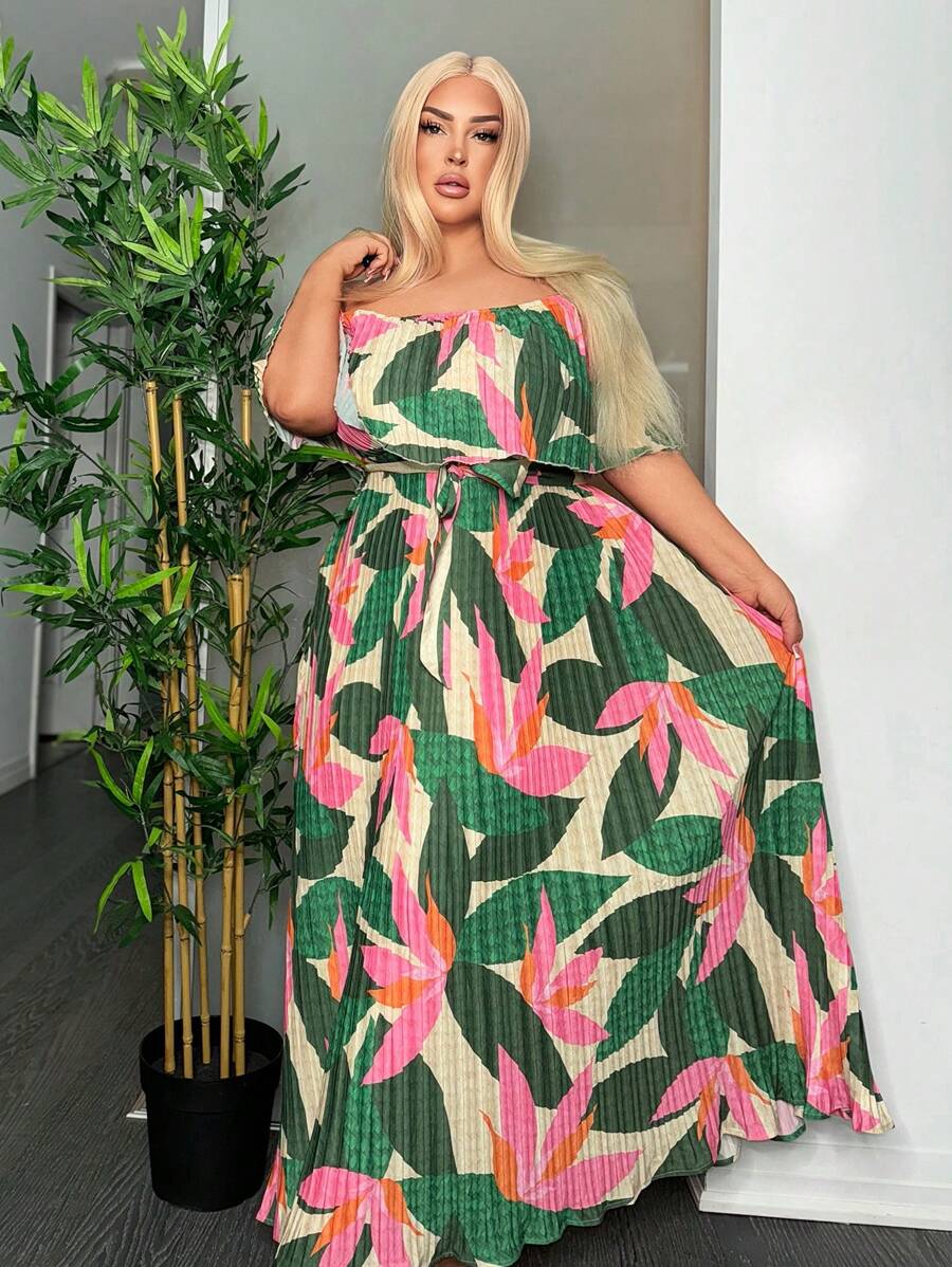 SHEIN SXY Wunderschönes Tropen Geplissertes Maxi-kleid - Verschiedenfarbig - Übersicht 1
