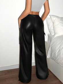 SHEIN ICON Women's Y2k Black Solid Color Cargo Low-Rise Leather Pants With Pockets - Black - View 3