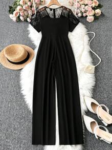 SHEIN Clasi 大碼蕾絲拼接v領寬腿鬆身連身褲 - 黑色 - 查看 2