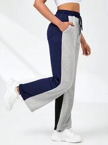SHEIN Daily&Casual 女士束口腰帶彩色拼接運動褲 - 彩色 - 查看 2