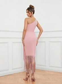 SHEIN Belle 女士纯色不对称领口流苏装饰连衣裙优雅鸡尾酒半正式舞会婚礼宾客礼服，适合生日、毕业典礼、晚宴、返校节 - 藕粉色 - 查看 4