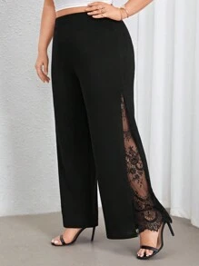 SHEIN PETITE CURVE Quần ống rộng cạp cao màu đen thanh lịch dành cho người có thân hình đầy đặn, xẻ tà bên hông và phối ren xuyên thấu, hoàn hảo cho mặc hàng ngày và đi làm, mùa xuân/hè dành cho nữ, dự tiệc hòa nhạc, lễ hội âm nhạc. - màu đen - Xem 3