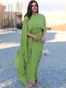 Al Najma Ladies' Shiny Sequin V-Neck Wrap Dress,Elegant Evening Party Dress Long Evening Dresses - Green - View 1