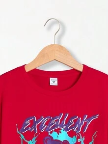 SHEIN 青少年男生休閒舒適的熊和字母印花圓領t卹 - 紅色 - 查看 5