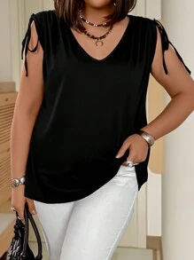 EMERY ROSE Blusa Con Volantes Y Cuello En V Con Pliegues Para Mujeres De Talla Grande - Negro - Ver 4