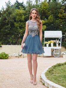 BABYONLINE D.R.E.S.S. 圓領蕾絲拼接露網雞尾酒裙,腰間圍繞粉色絲帶細節 - 霧霾藍 - 查看 5