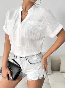 SHEIN LUNE Solid Color Texture Detail Patch Pocket Shirt With Notched Collar