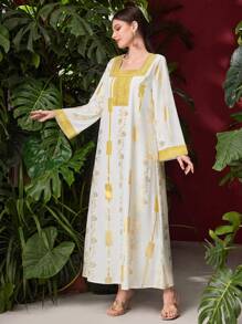 Al Najma 女士阿拉伯風格裙子,金箔植物印花對比色緞帶拼接 - 白色 - 查看 1